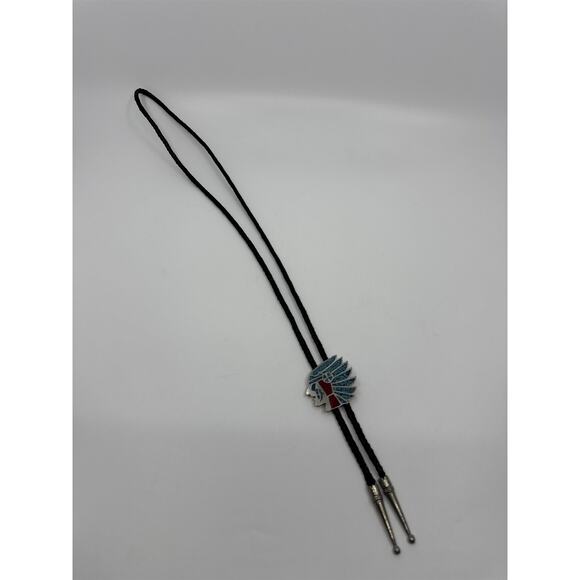 Vintage Bolo Native American Neck Tie Native American Indian Head Inlays - Picture 1 of 7